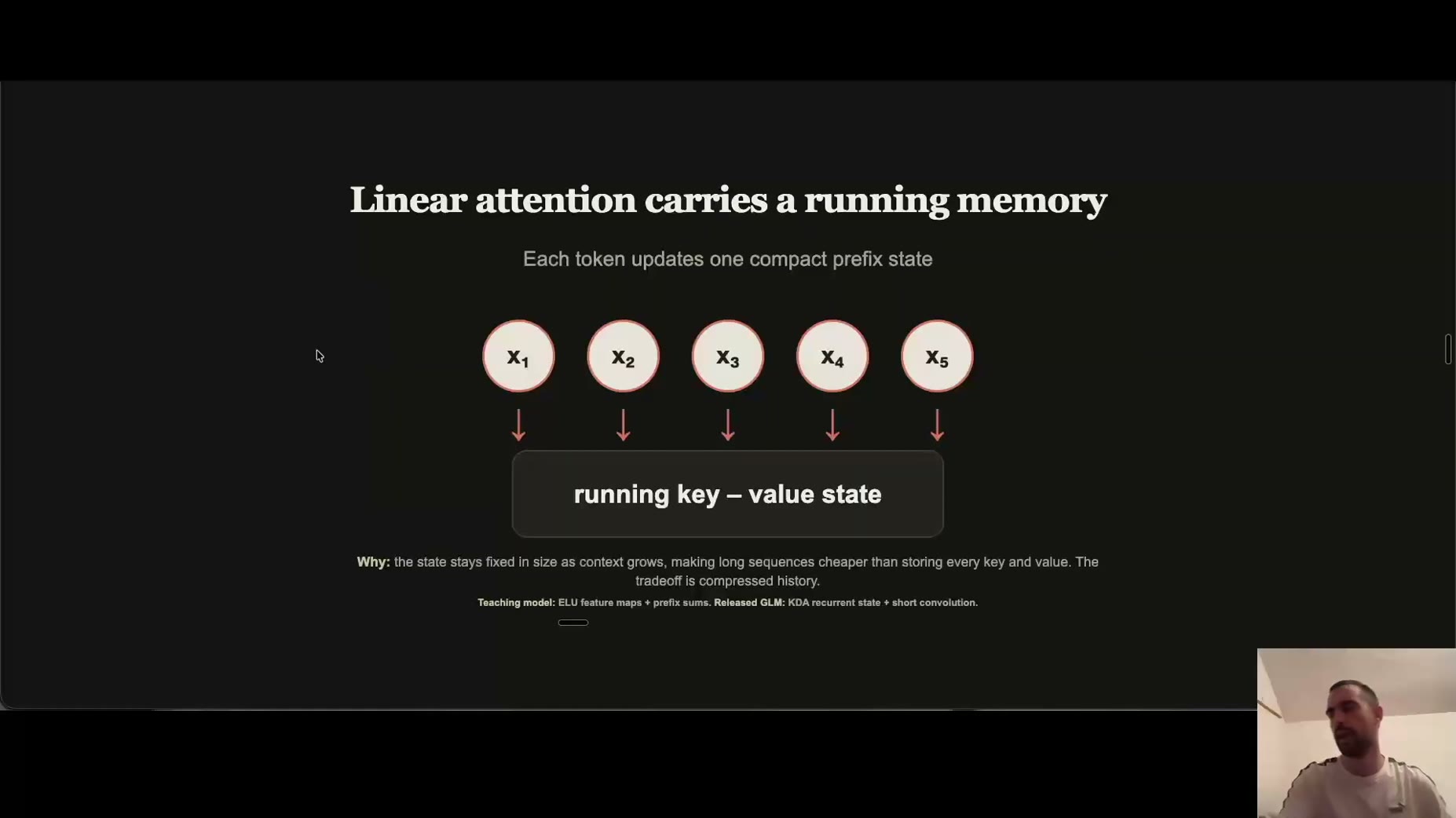 Implementation detail: [20:00] The teaching model's linear attention uses ELU feature maps plus prefix sums, while the r