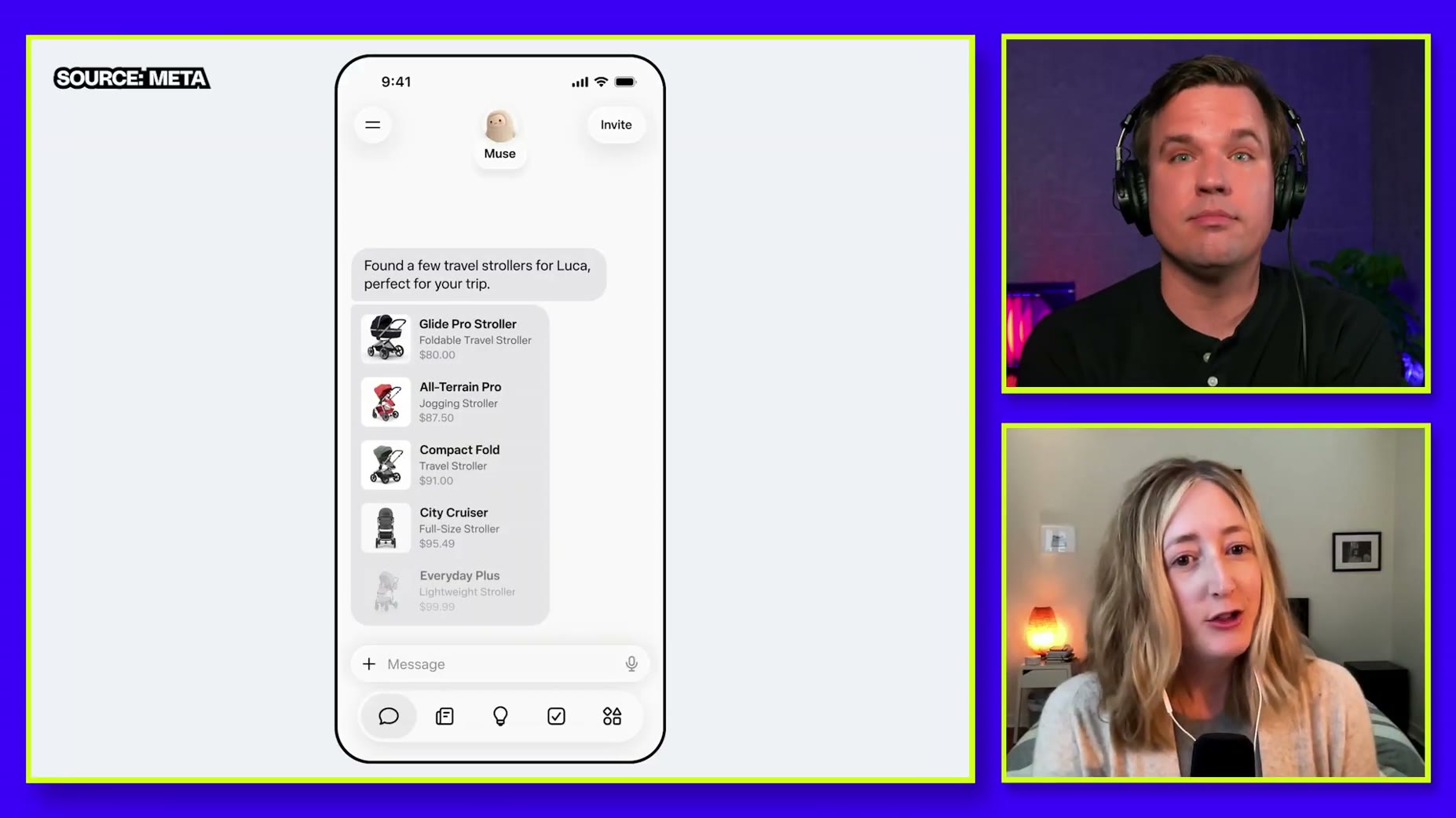 A speaker described Meta's Muse as a sleek, frictionless shopping platform where a user adds a credit card once via Stri