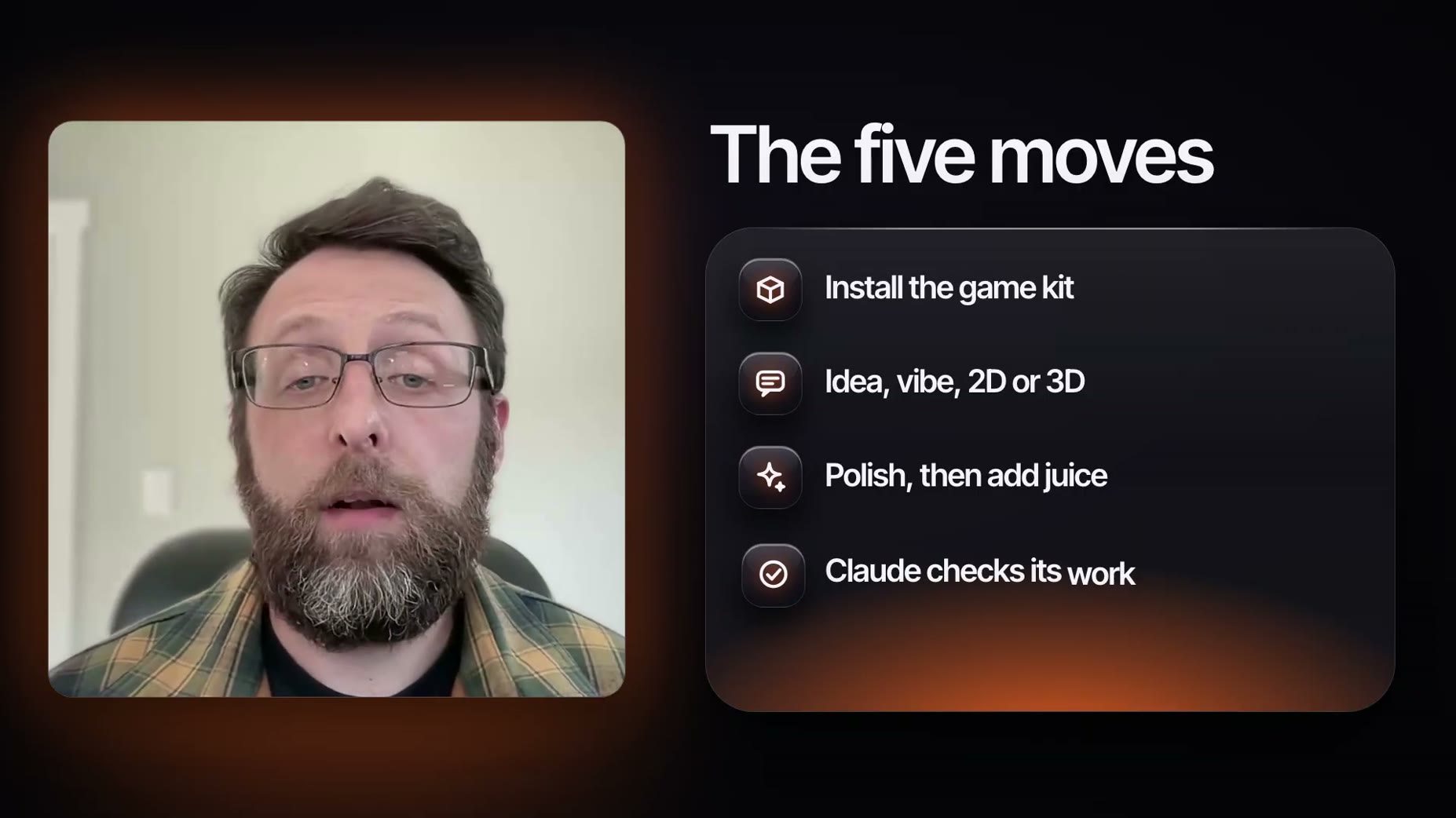 Step summary (04:11): the five moves are install the kit, write a prompt with the idea, the vibe, and 2D or 3D, polish w