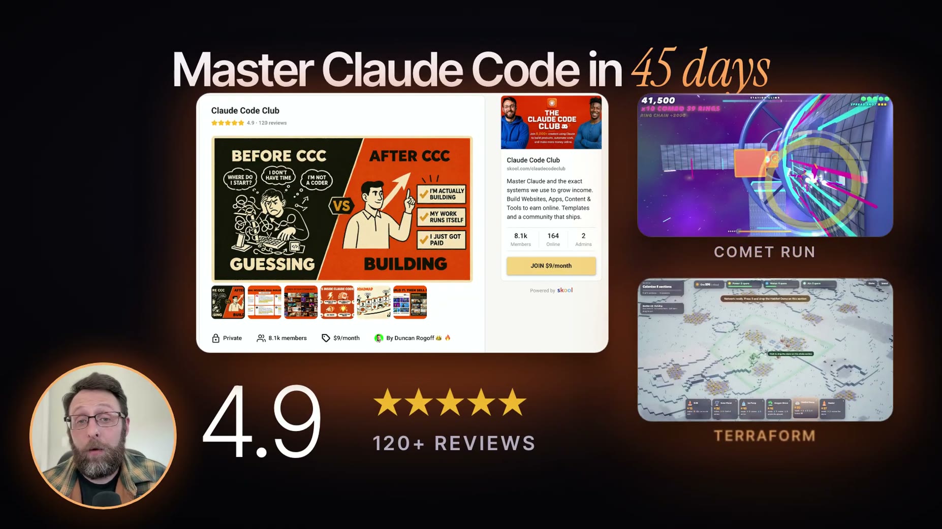 Reference (04:46): the Claude Code Club, an 8,000+ member community run by Duncan Rogoff for $9 a month, covers Claude C