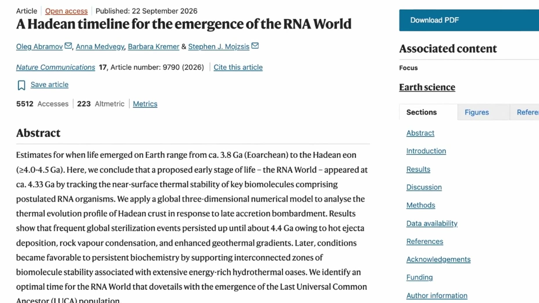 A 2026 study by Abramov, Medvegy, Kremer, and Mojzsis (Planetary Science Institute) in Nature Communications concludes t