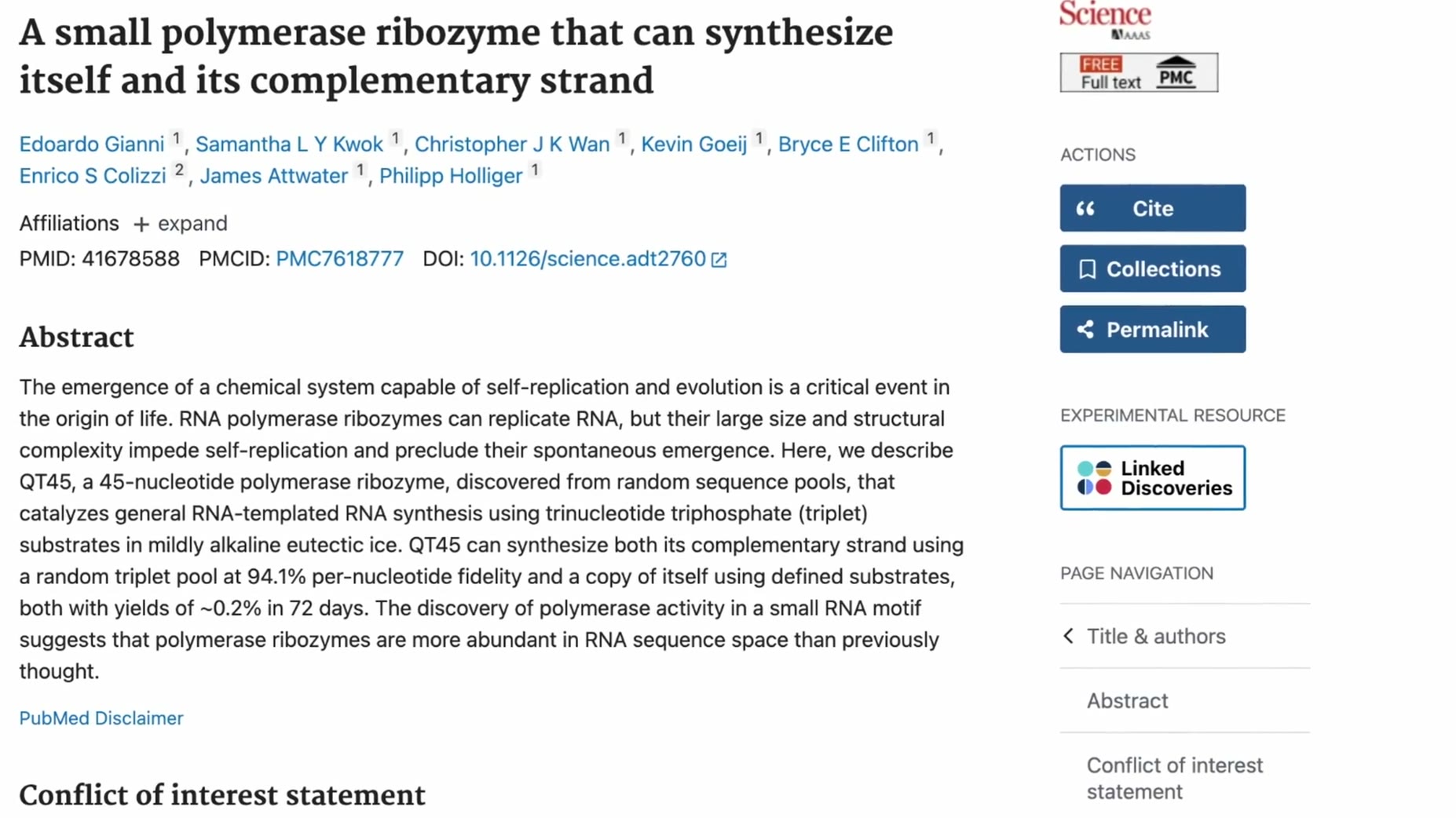 A Science study by Gianni and Holliger identified QT45, a 45-nucleotide ribozyme from alkaline eutectic ice that copies 