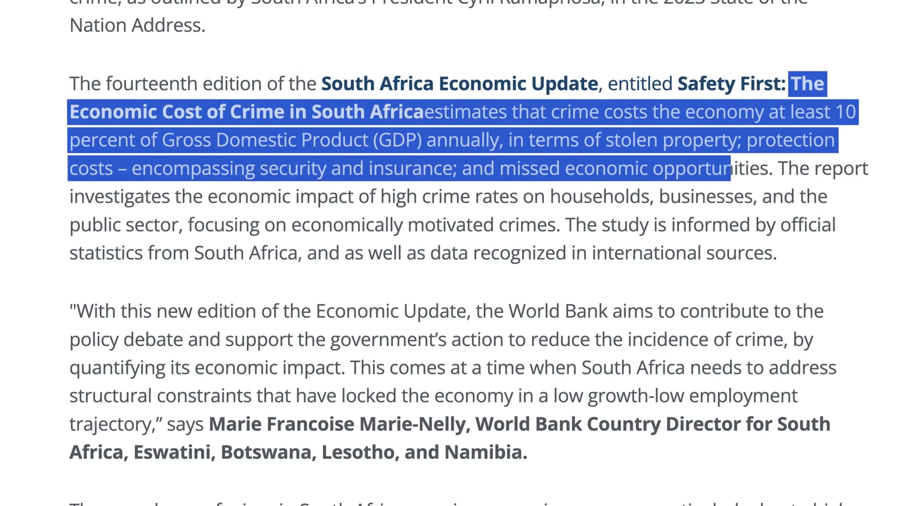 Source cited: World Bank Country Director Marie Francoise Marie-Nelly said the report aims to quantify crime's economic 