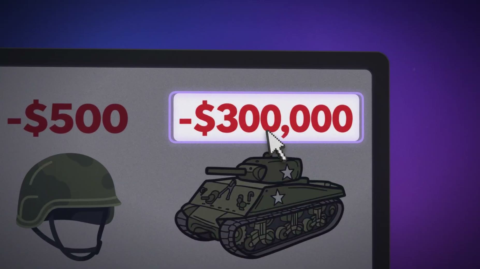 Example fix: a '$300 billion war' title paired with a thumbnail showing '-$300,000' on a tank and '-$500' on a helmet in