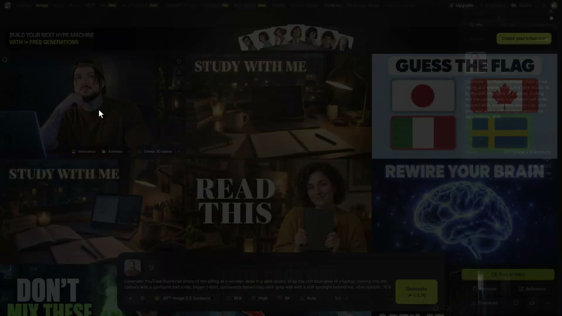 One generated thumbnail was produced at 2688x1520 using GPT Image 2.5 Sunburst, cutting his thumbnail time from about 4