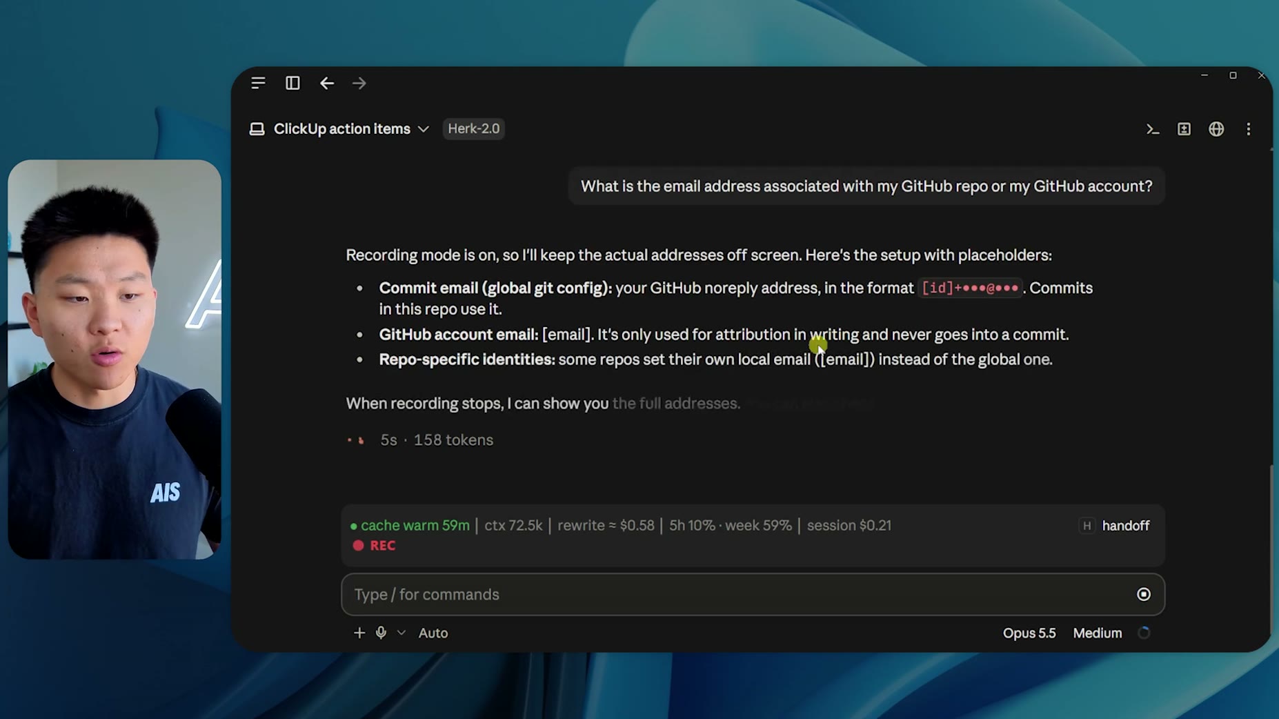 Feature: [05:47] In recording mode Claude blurs sensitive information such as email addresses; asked for the GitHub acco