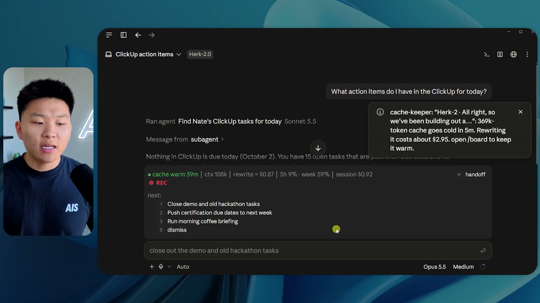 Demo: [00:49] Asking for ClickUp action items produced a Next Steps UI offering to close demo tasks, push certification 