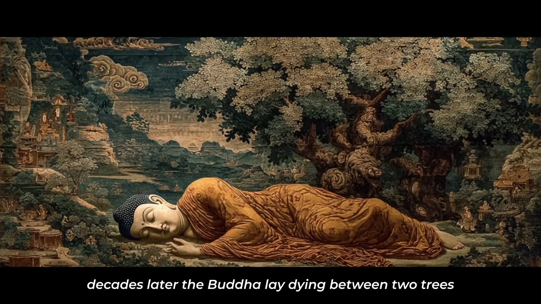 The narrator states that decades later the Buddha lay dying between two trees, and his last words returned to that same 