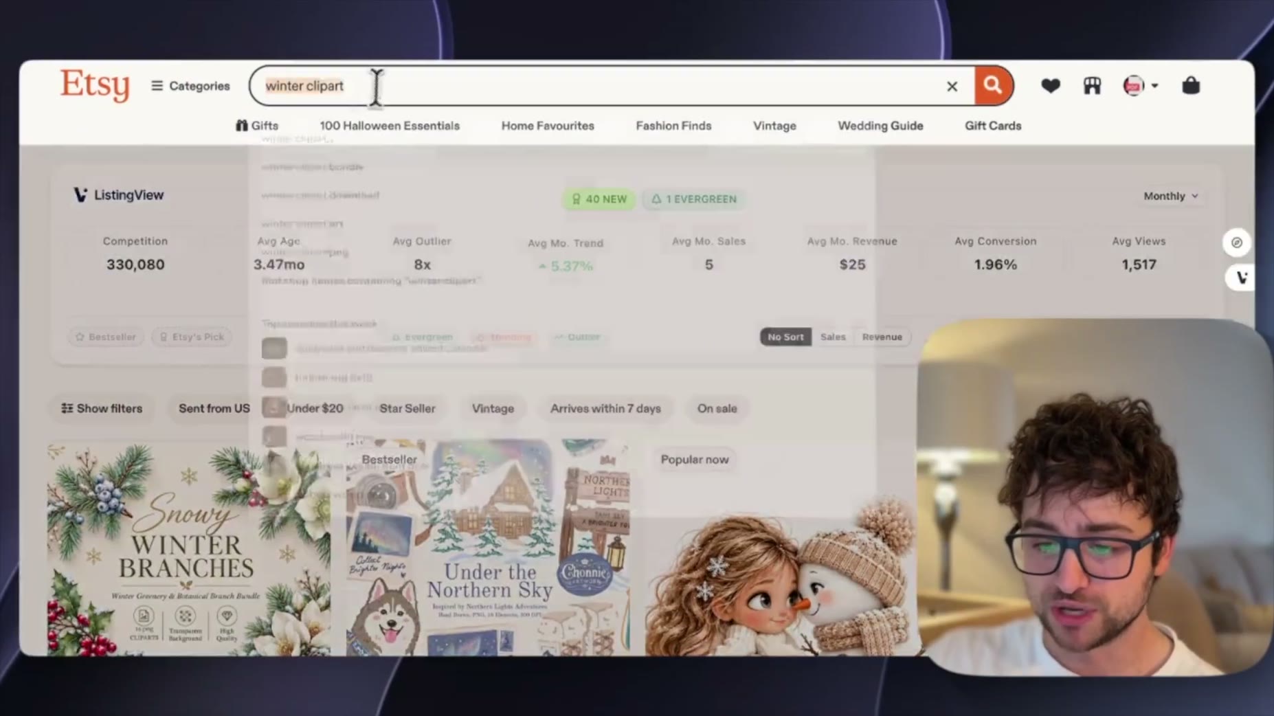 Searching 'winter clipart' on Etsy showed 330,080 competing listings, including a Northern Lights Clipart listing by Cho