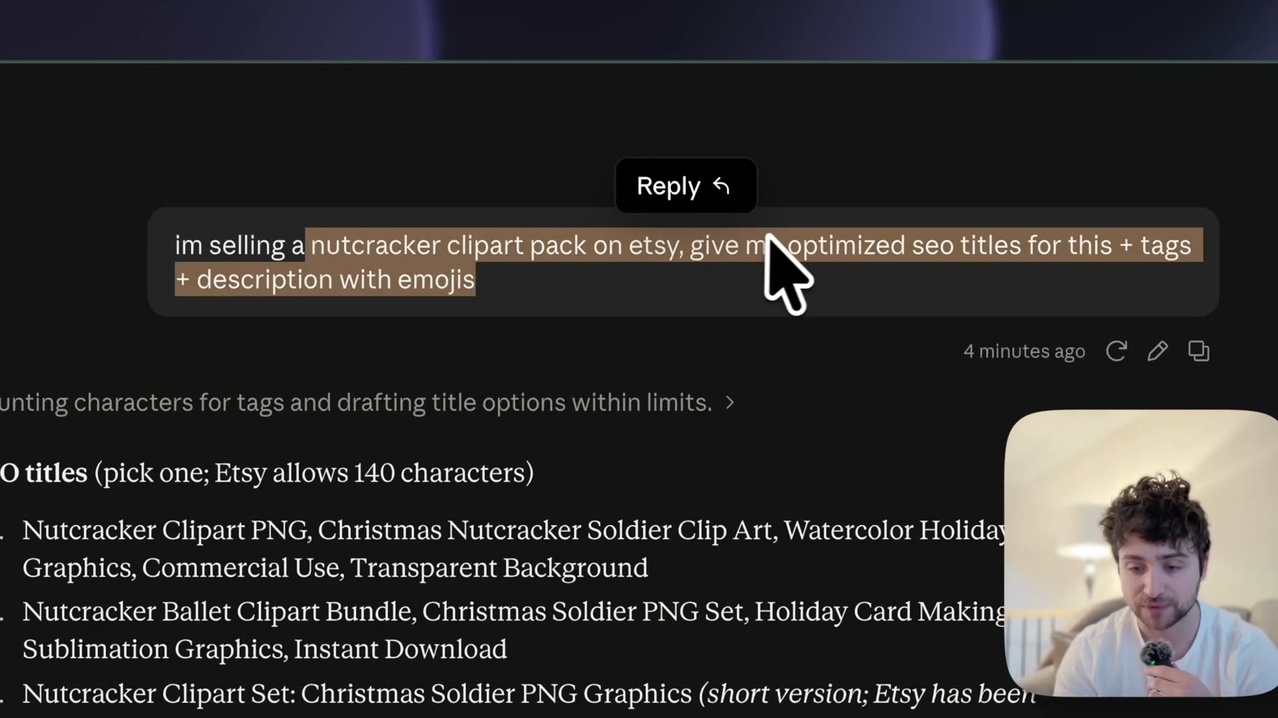 The creator prompts Claude to generate an SEO-optimized Etsy title, tags, and description with emojis for the Nutcracker