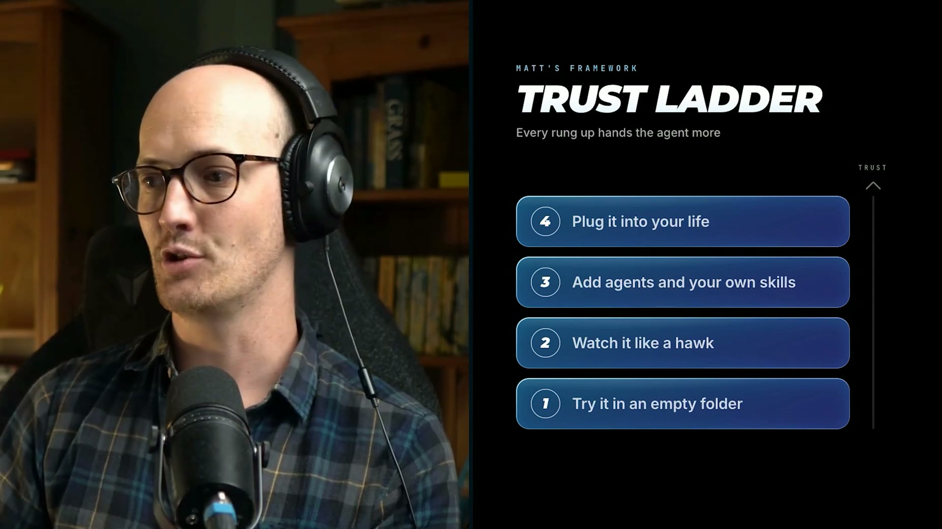 Matt's trust ladder framework advises trying an agent in an empty folder first, then adding agents and skills while watc