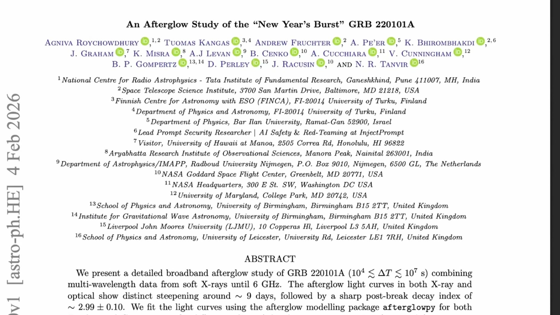Named study (~04:14): Roychowdhury et al., 'An Afterglow Study of the New Year's Burst GRB 220101A,' combined multi-wave