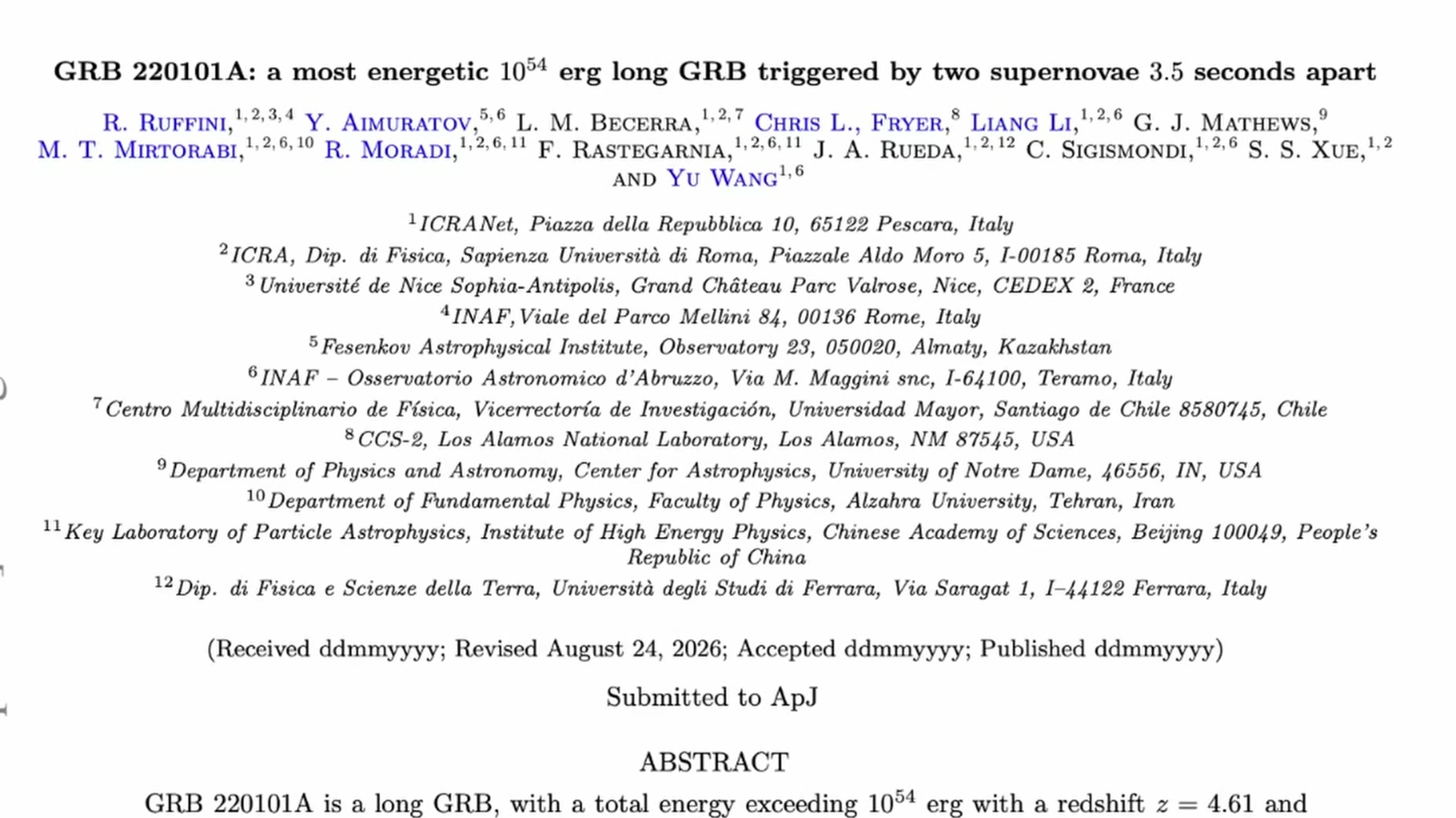Named study (~04:12): Ruffini et al. of ICRANet, 'GRB 220101A: a most energetic 10^54 erg long GRB triggered by two supe