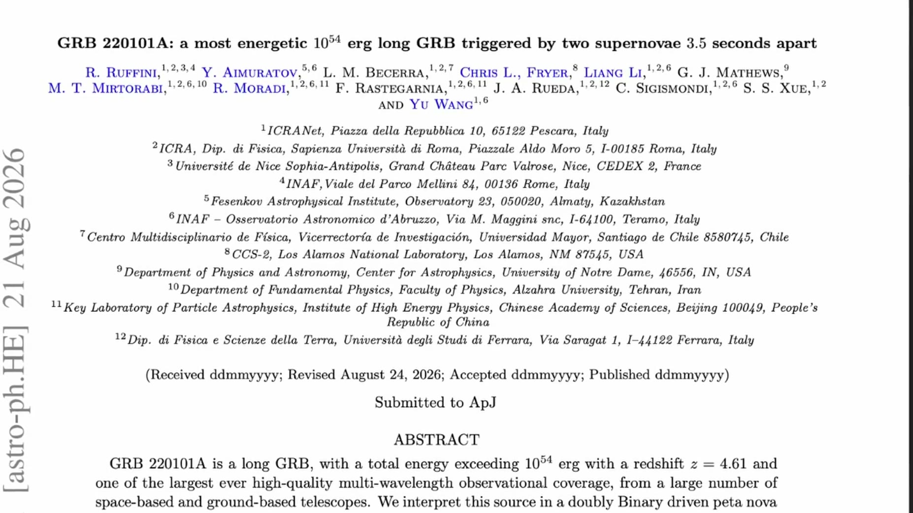 Named study (~06:00): Ruffini and team interpret GRB220101A as a binary-driven Petanova involving a multistar process wi