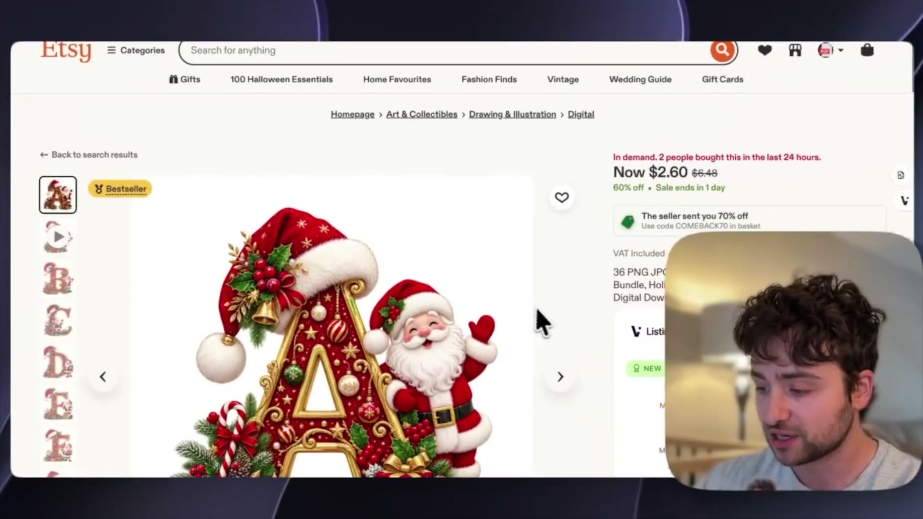 Example: a '36 PNG JPG Christmas Santa Gold Alphabet Letter Clipart Bundle' listing shows 2 people bought it in the last