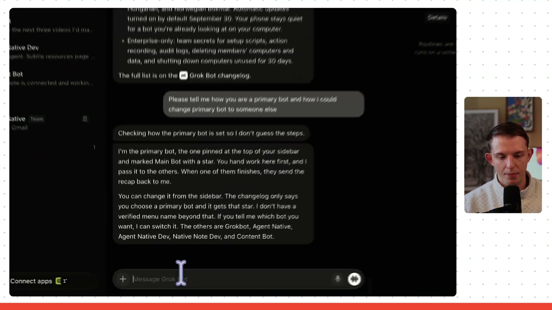 New: [00:52] The primary bot is marked with a star in the sidebar and acts as the team leader that other bots report bac