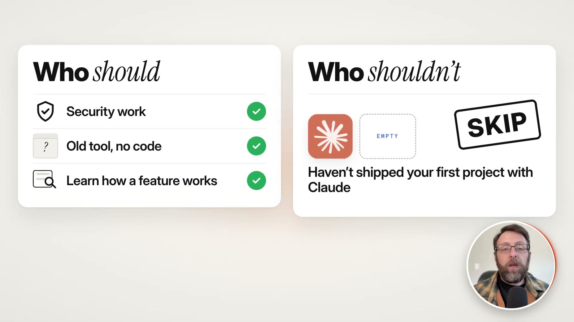 Counterpoint (07:30): The presenter says security workers, companies with old tools and no source code, and people learn