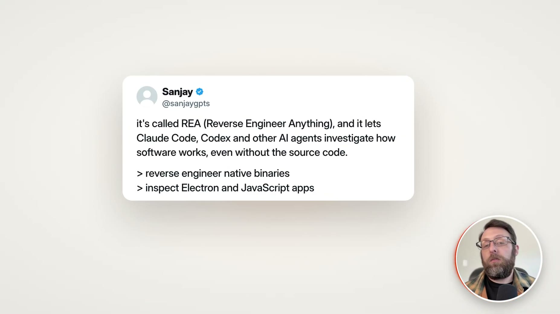 Sourced claim (00:52): A post on X described REA as letting Claude Code, Codex, and other AI agents investigate how soft