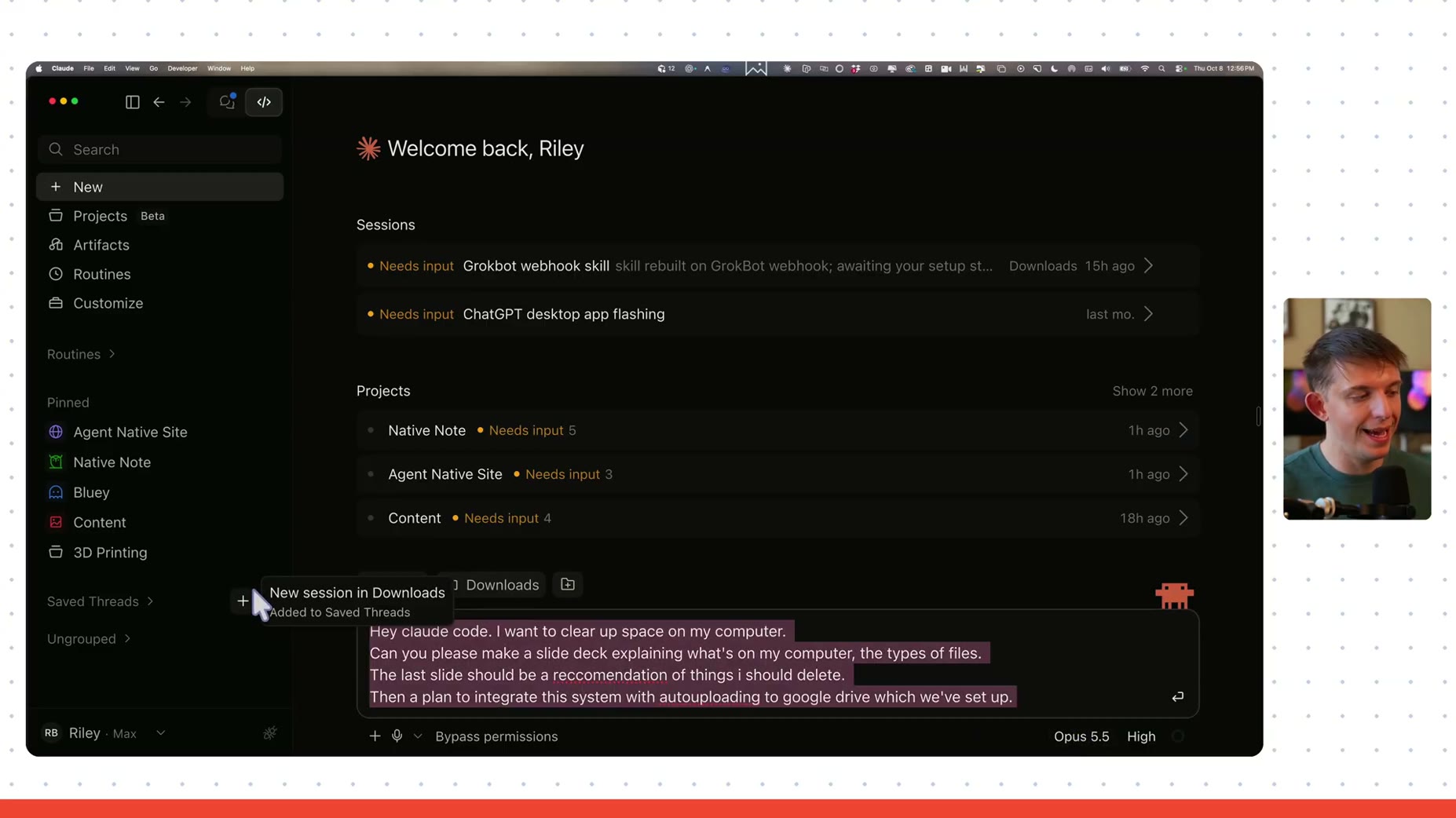 Ask (paraphrased): audit computer storage and build a slide deck explaining file types and locations [02:28]