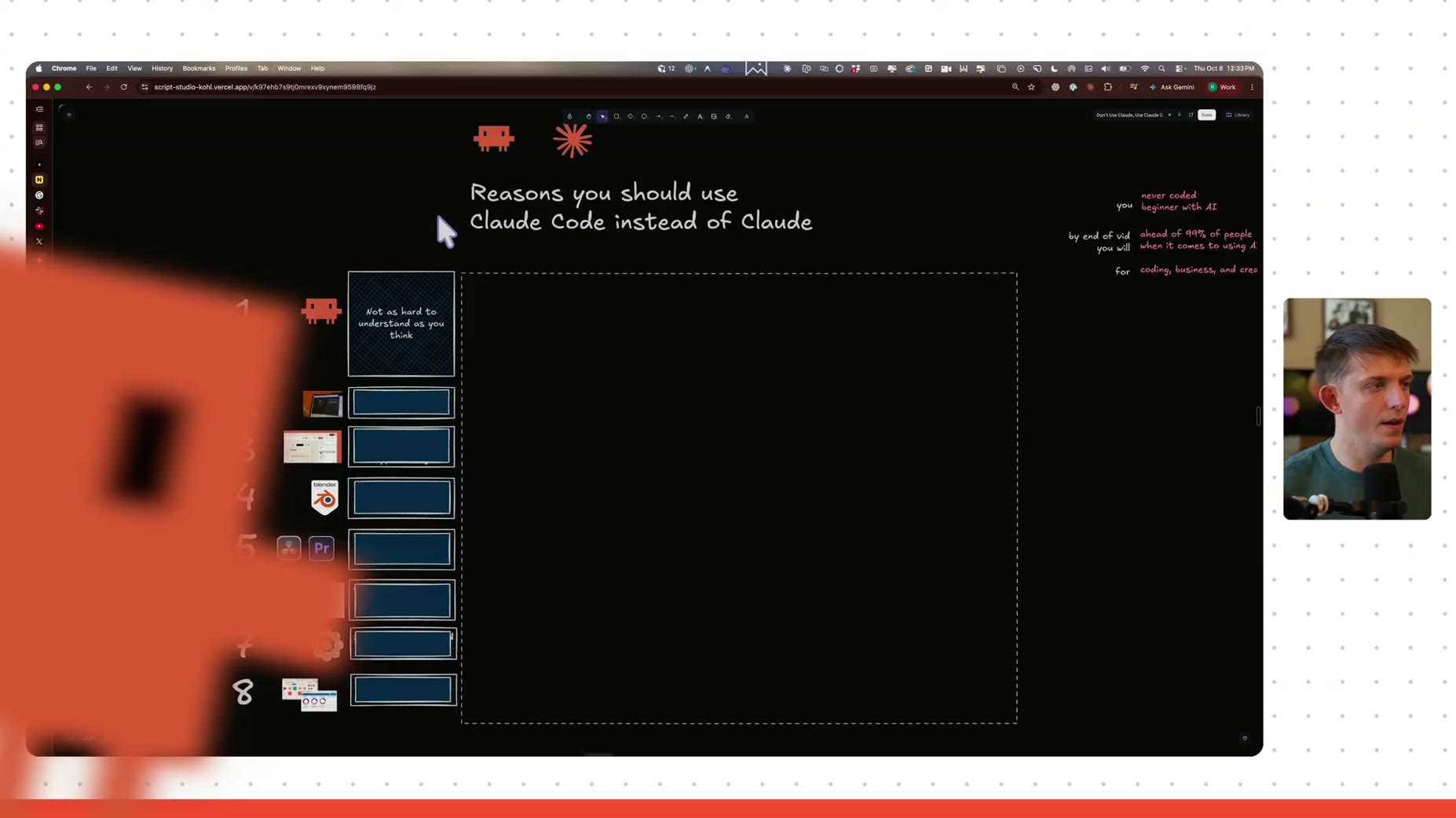 Framing: the video gives 8 reasons (the creator's opinion, not an established ranking) to use Claude Code over Claude; r