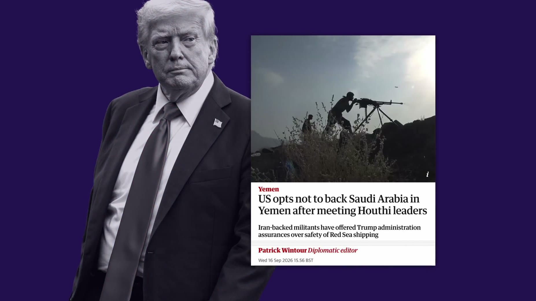 The host states the US declined to back Saudi Arabia in Yemen after meeting Houthi leaders, who offered assurances about