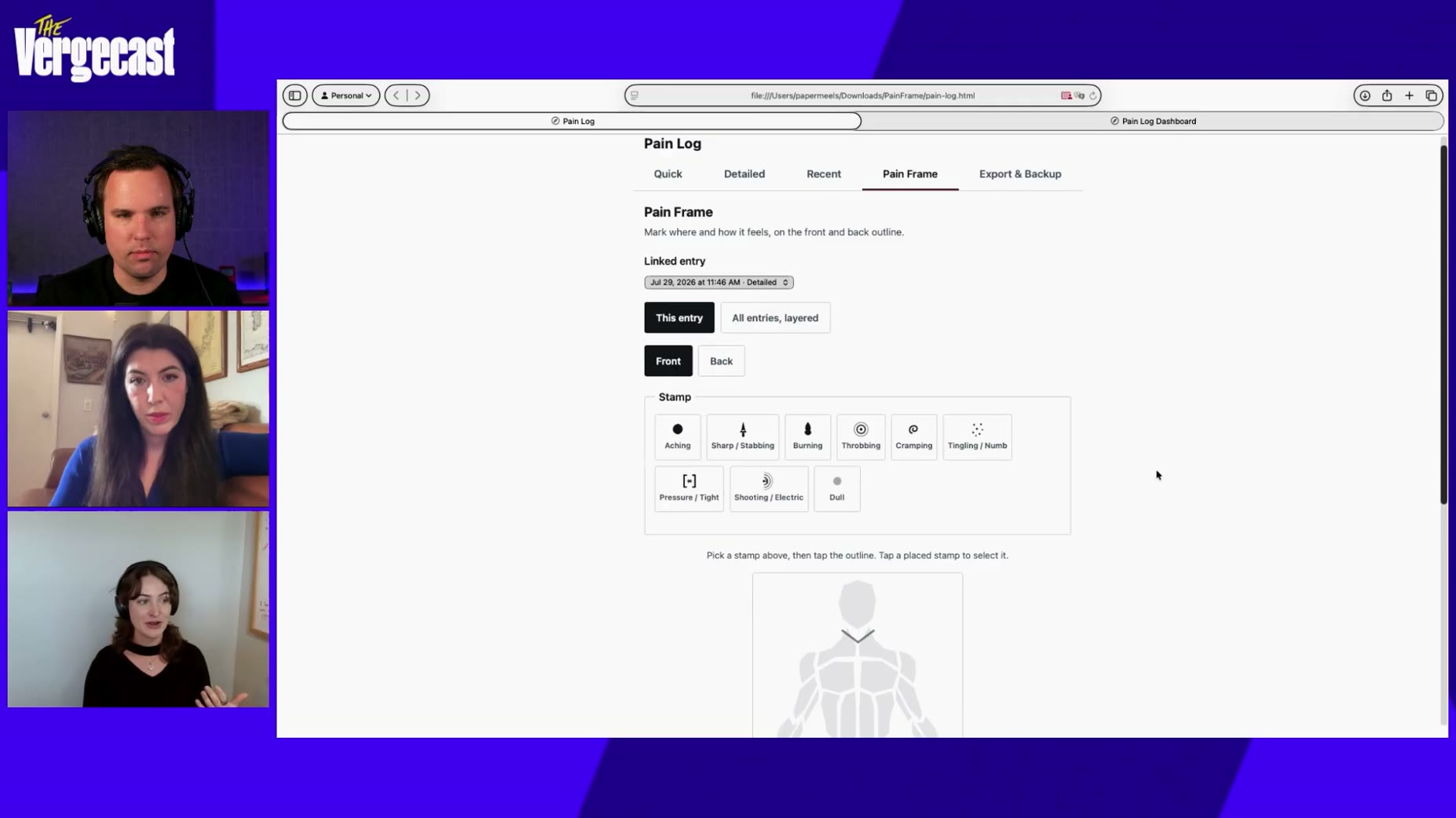 System does: a Pain Frame tab shows a 3D-style front and back anatomical body outline with stamp icons (Aching, Sharp/St