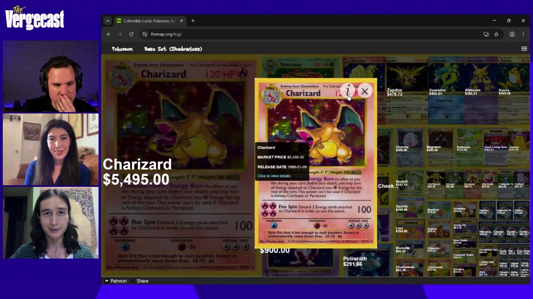 Demo: finmap.org/tcg shows a Pokemon Base Set (Shadowless) with market price $5,495.00 and release date 1999-01-09 [44:0