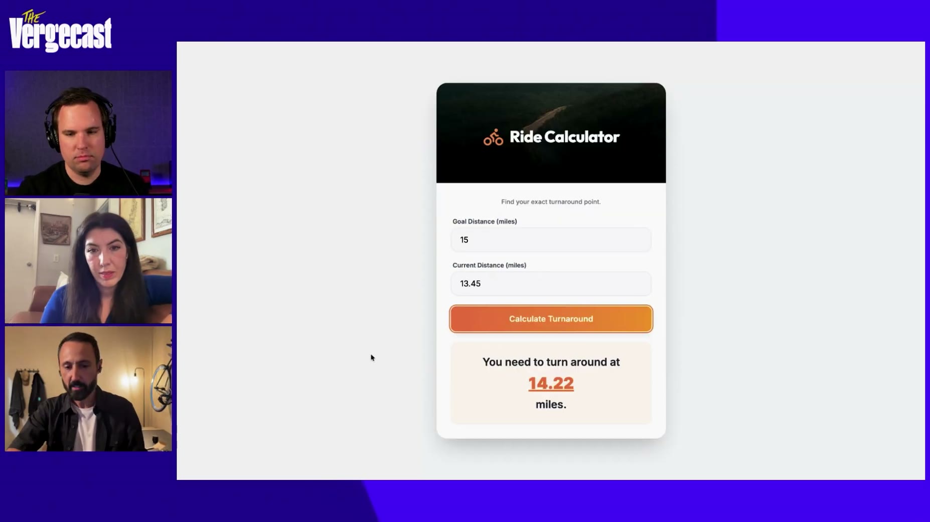 Demo: the Ride Calculator takes a goal distance and current distance, then a 'Calculate Turnaround' button shows the tur