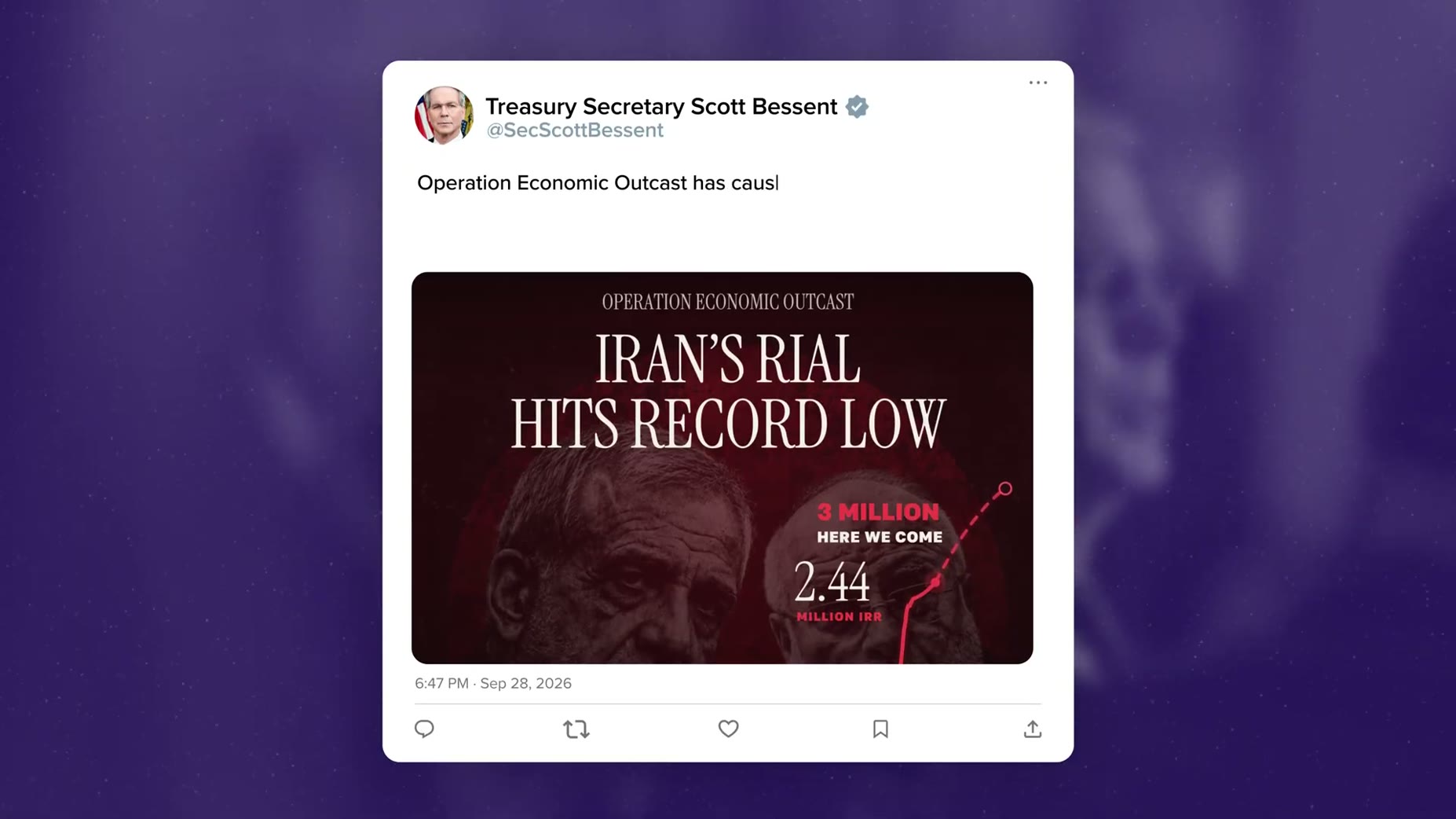 Source cited: [02:08] Trump's defenders, including US Treasury Secretary Scott Bessent, cite the cratering rial exchange