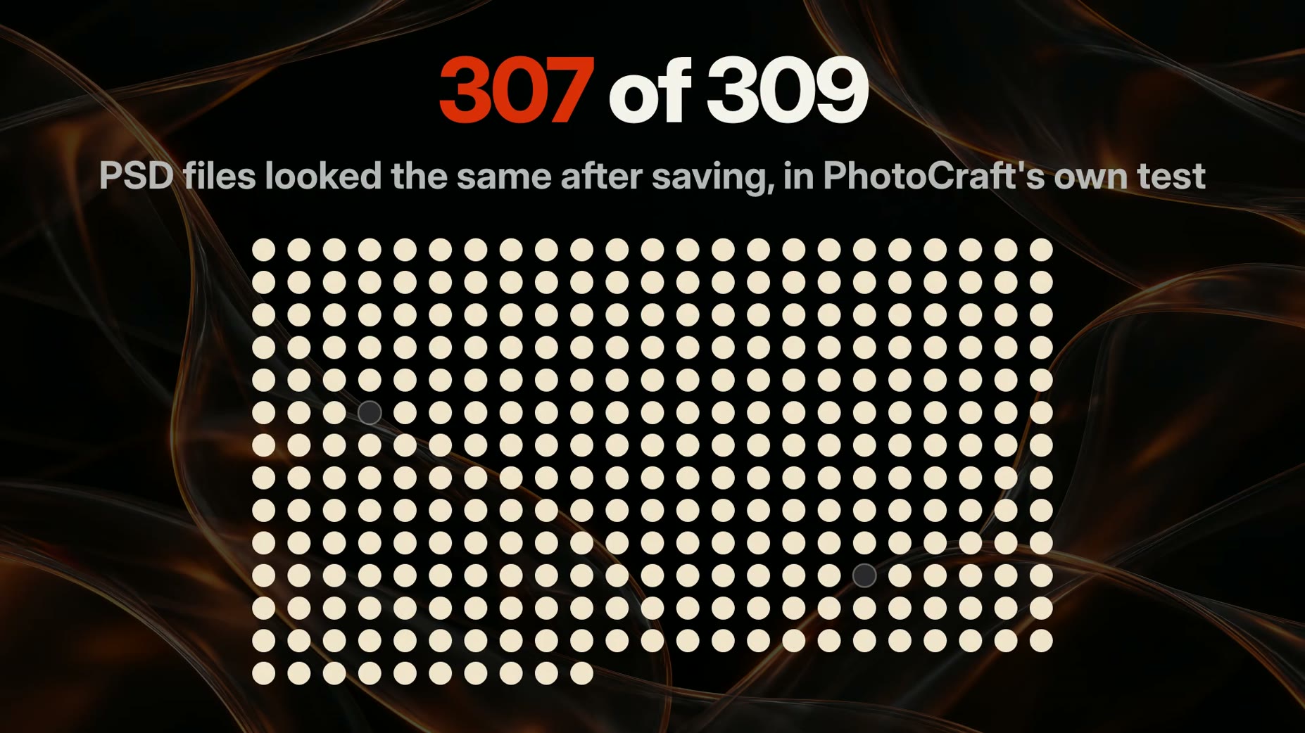 PhotoCraft vs Photoshop: in PhotoCraft's own test, 307 of 309 PSD files looked the same after saving. [01:40]